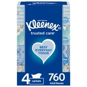 Kleenex Trusted Care Everyday Facial Tissues, 4 Flat Boxes, 190 White Tissues per Box, 2-Ply (760 Total)