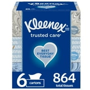 Kleenex Trusted Care Everyday Facial Tissues, 6 Flat Boxes, 144 White Tissues per Box, 2-Ply (864 Total)