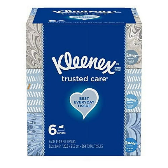 Kleenex Trusted Care Everyday Facial Tissues, 6 Rectangular Boxes, 144 Tissues per Box (864 Tissues Total)