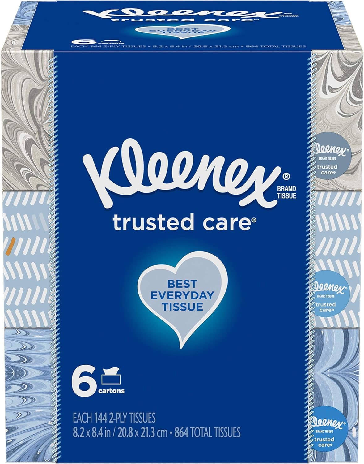 Kleenex Trusted Care Everyday Facial Tissues, 6 Rectangular Boxes, 144 Tissues per Box (864 Tissues Total)