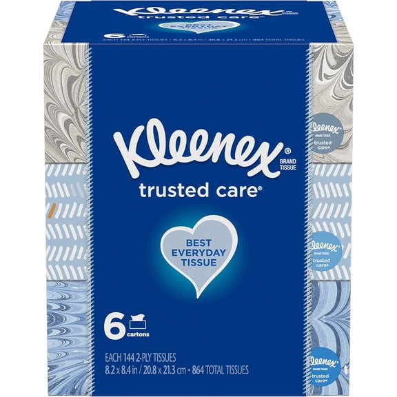 Kleenex Trusted Care Everyday Facial Tissues, 6 Rectangular Boxes, 144 Tissues per Box (864 Tissues Total)