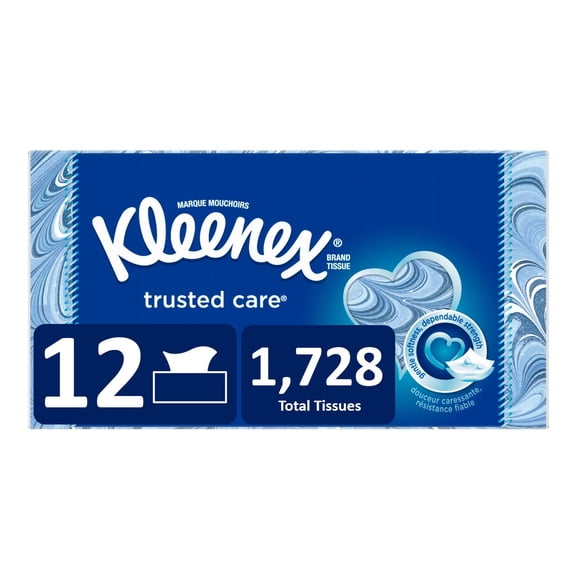 Kleenex Trusted Care Everyday Facial Tissues,144 Tissues per Box, 12 Flat Boxes (1,728 Tissues Total)