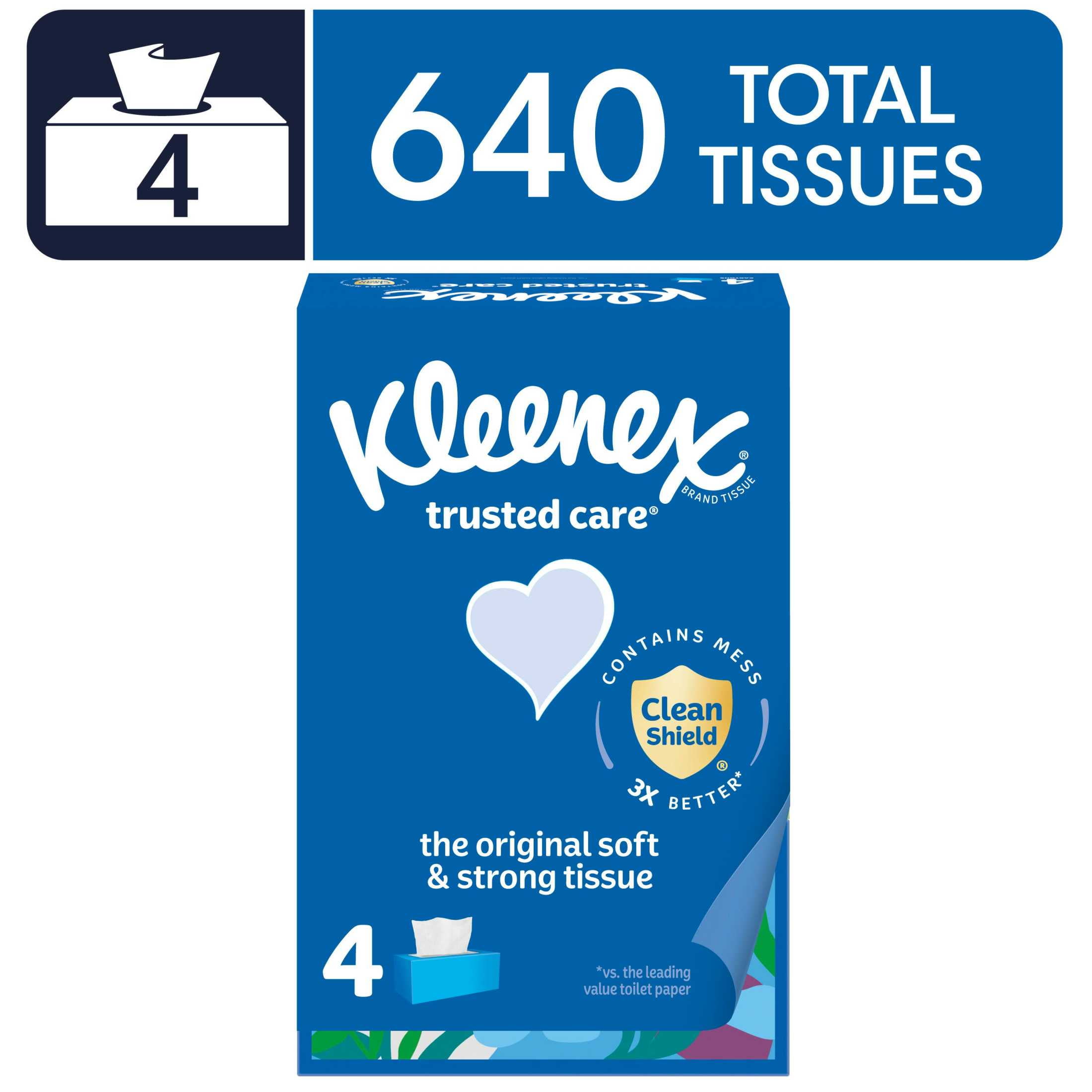 Kleenex Trusted Care Facial Tissues, 4 Flat Boxes, 160 Tissues per Box, 2-Ply