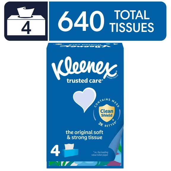 Kleenex Trusted Care Facial Tissues, 4 Flat Boxes, 160 Tissues per Box, 2-Ply