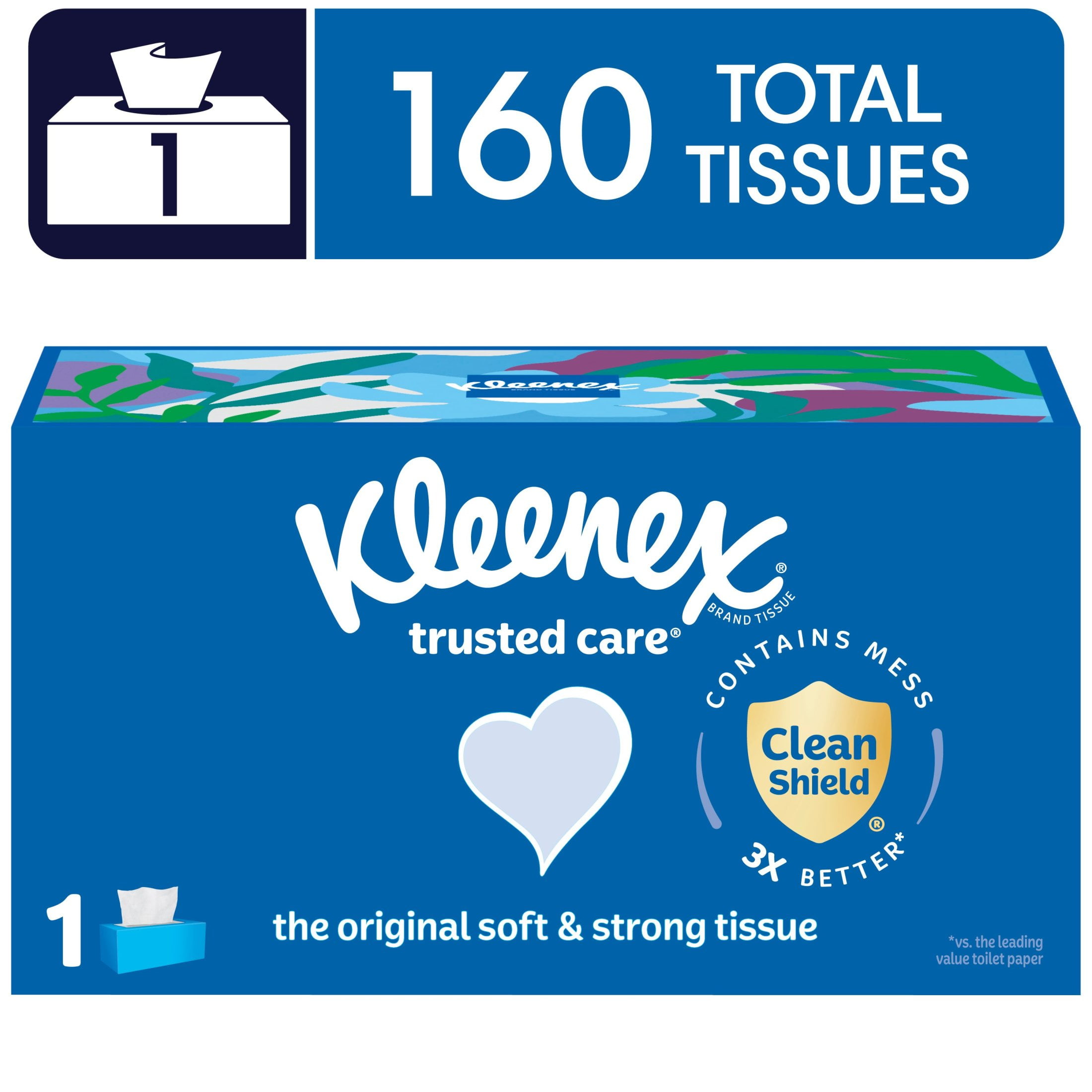 Kleenex Trusted Care Facial Tissues, 1 Flat Box, 160 Tissues per Box, 2-Ply