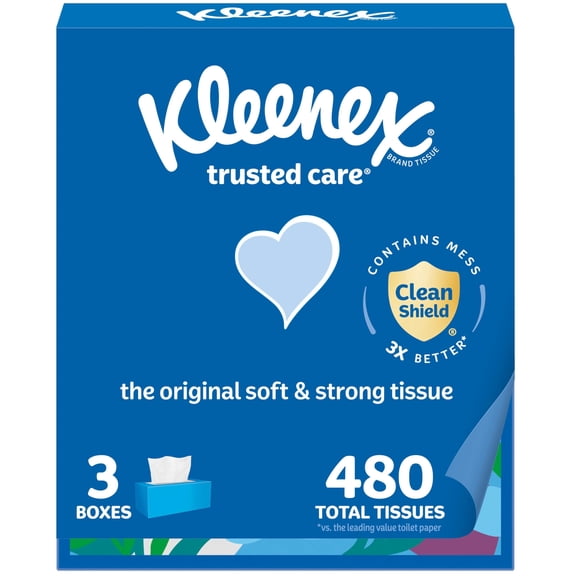 Kleenex Trusted Care Facial Tissues, 3 AIS1&nbsp;Flat Boxes, 160 Tissues per Box, 2-Ply (480 Total), Packaging May Vary