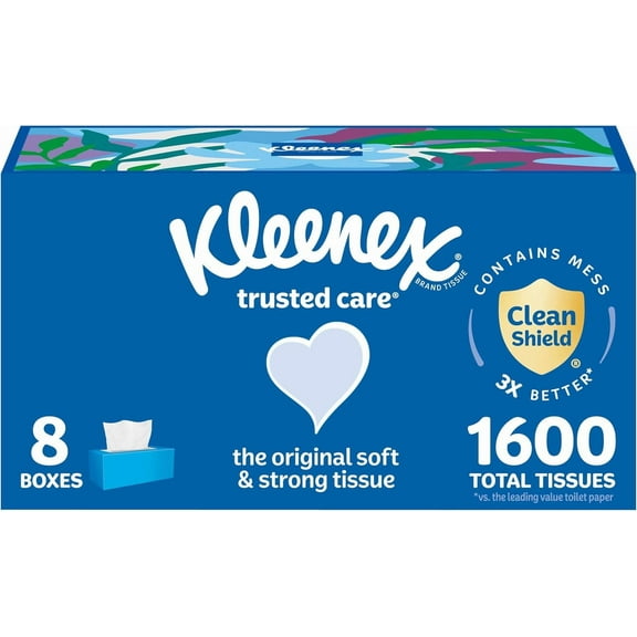 Kleenex Trusted Care Facial Tissues, 8 Flat Boxes, 200 Tissues per Box, 2-Ply