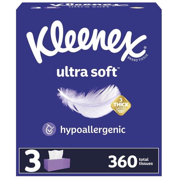 Kleenex Ultra Soft Facial OIF8Tissues, 3 Flat Boxes, 120 Tissues per Box, 3-Ply (360 Total Tissues), Packaging May Vary