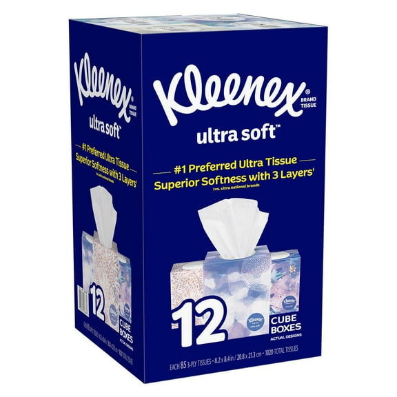 Kleenex Ultra Soft Facial Tissue, 3-ply, 85-count, 12-pack