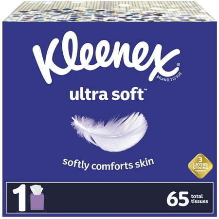 Kleenex Ultra Soft Facial Tissues, 1 Cube Box, 65 White Tissues per Box, 3-Ply (65 Total)