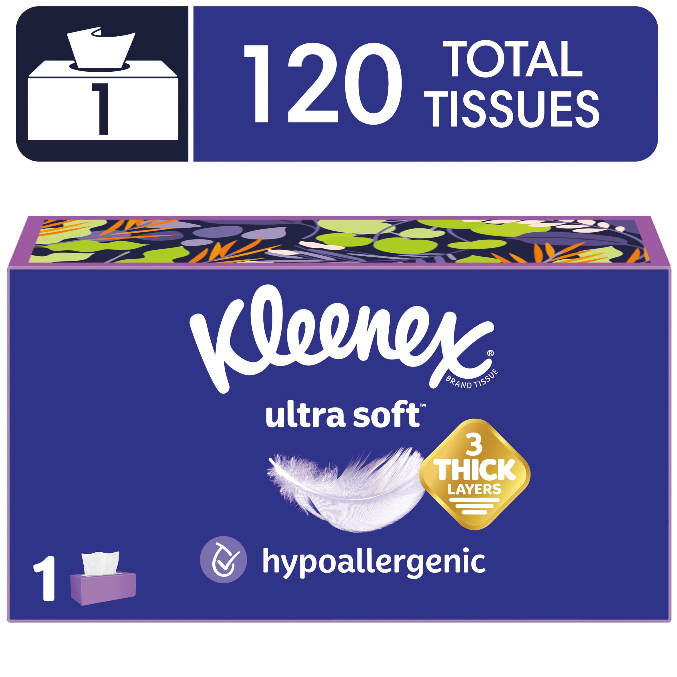 Kleenex Ultra Soft Facial Tissues, 1 Flat Box, 120 Tissues per Box, 3-Ply