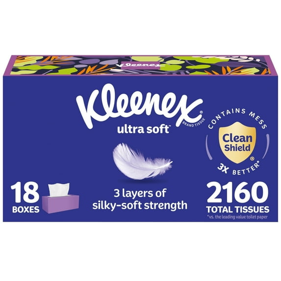 Kleenex Ultra Soft Facial Tissues, 18 Flat Boxes, 120 Tissues per Box, 3-Ply (2,160 Total Tissues), Packaging May Vary
