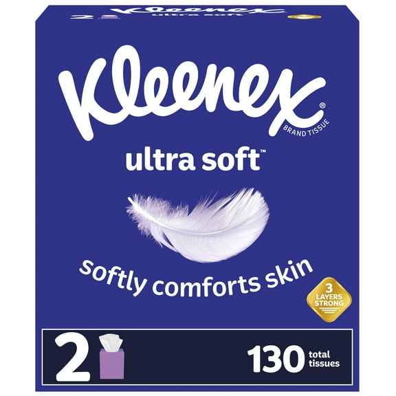 Kleenex Ultra Soft Facial Tissues, 2 Cube Boxes, 65 White Tissues per Box, 3-Ply (130 Total)
