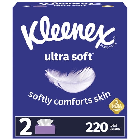 Kleenex Ultra Soft Facial Tissues, 2 Flat Boxes, 110 White Tissues per Box, 3-Ply (220 Total)