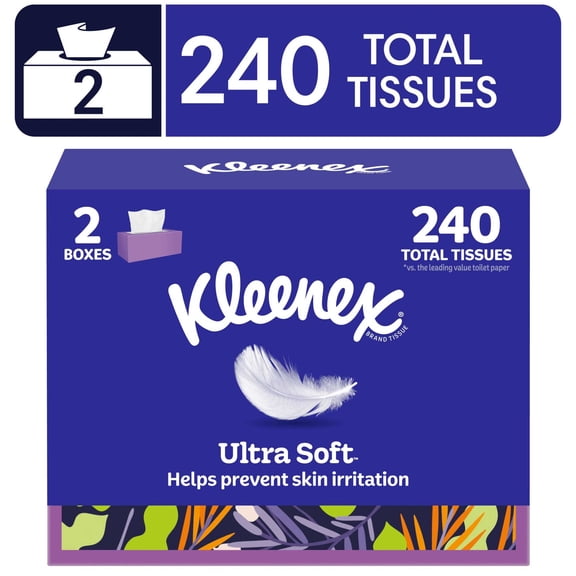Kleenex Ultra Soft 3-Ply Flat Box Facial Tissues, 2 Pack (240 Total Tissues)