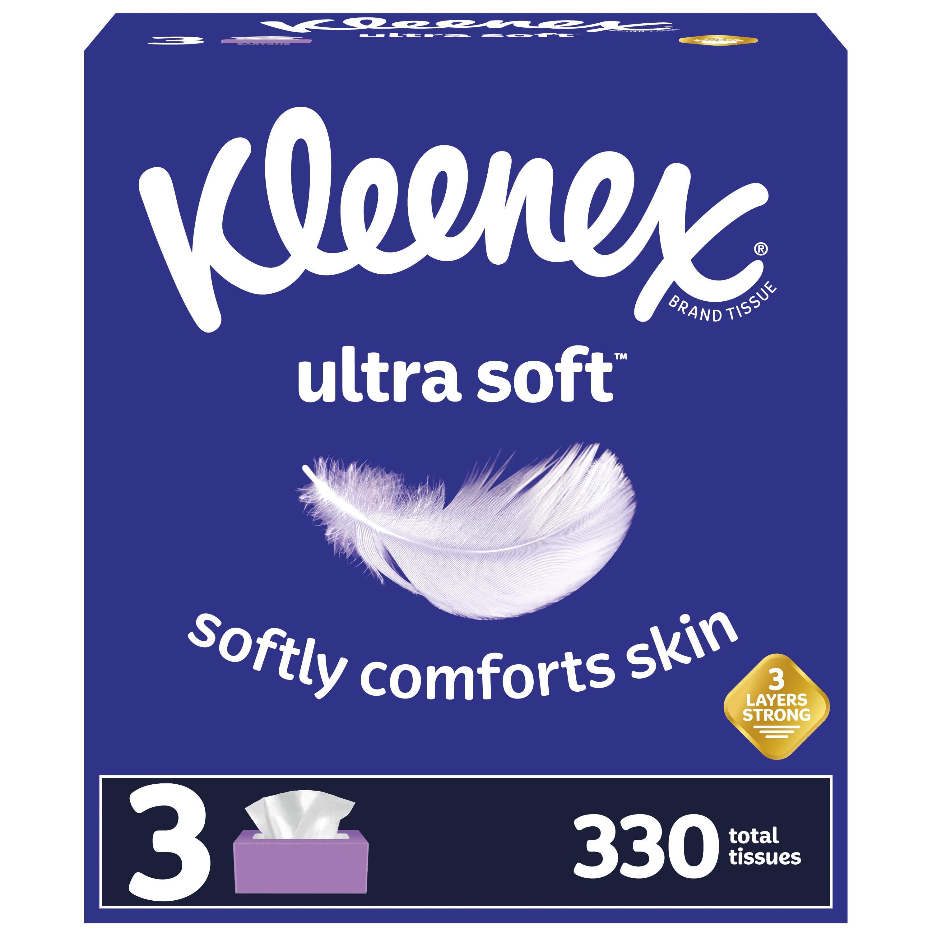 Kleenex Ultra Soft Facial Tissues, 3 Flat Boxes, 110 White Tissues per Box, 3-Ply (330 Total)