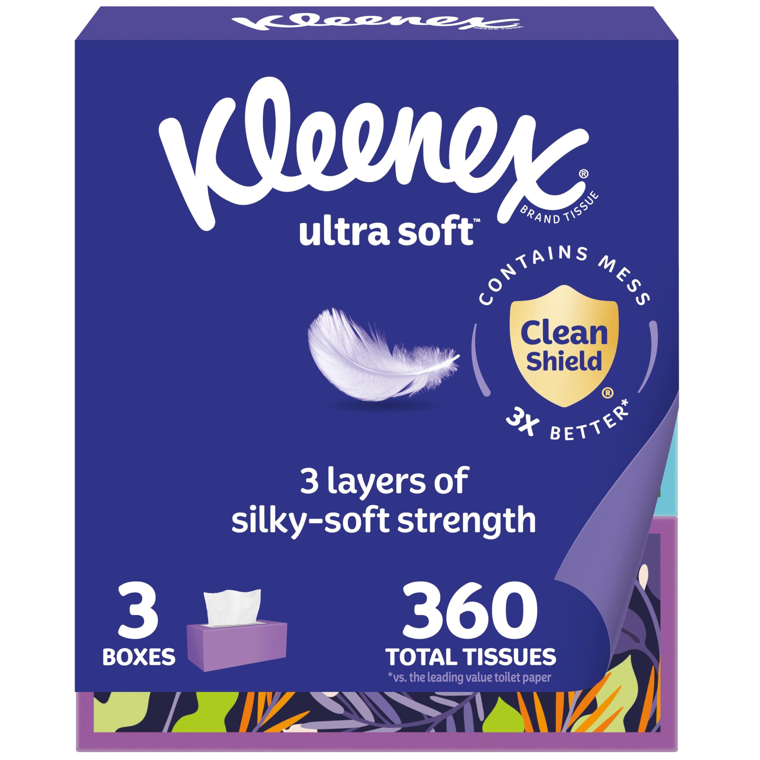 Kleenex Ultra Soft TWE5Facial Tissues, 3 Flat Boxes, 120 Tissues per Box, 3-Ply (360 Total), Packaging May Vary