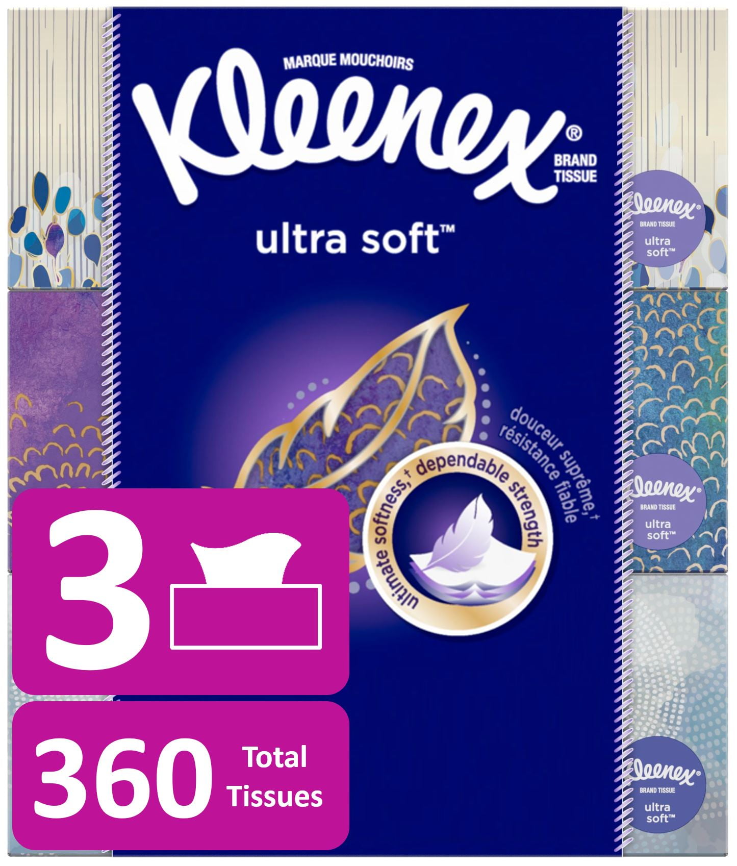 Kleenex Ultra Soft Facial Tissues, 3 Flat Boxes (360 Total Tissues)