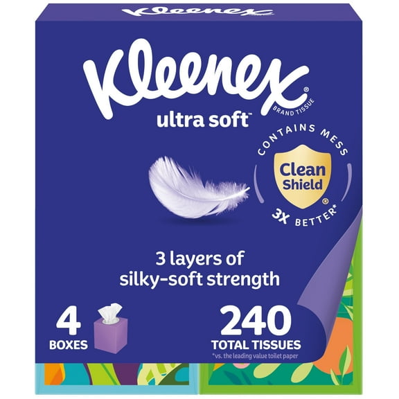 Kleenex Ultra Soft Facial Tissues, 4 Cube Boxes, 60 Tissues per Box, 3-Ply (240 Total), Packaging May Vary C40
