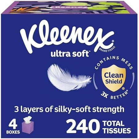 Kleenex Ultra Soft Facial Tissues, 4 Cube Boxes, 60 Tissues per Box, 3-Ply (240 Total), Packaging May Vary