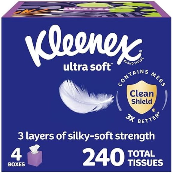 Kleenex Ultra Soft Facial Tissues, 4 Cube Boxes, 60 Tissues per Box, 3-Ply (240 Total), Packaging May Vary