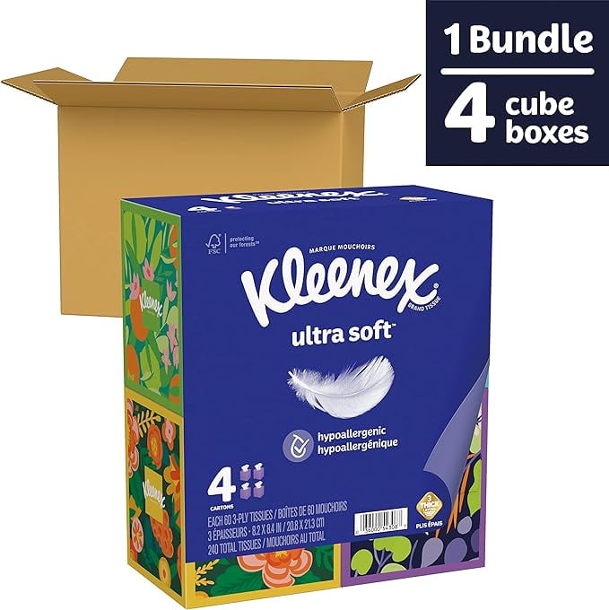 Kleenex Ultra Soft Facial Tissues, 4 Cube Boxes, 60 Tissues per Box, 3 ...