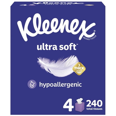 Kleenex Ultra Soft Facial Tissues, 4 Cube Boxes, 60 Tissues per Box, 3-Ply (240 Total), Packaging May Vary