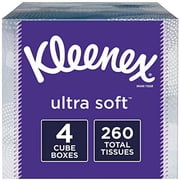 Kleenex Ultra Soft Facial Tissues, 4 Cube Tissue Boxes, 65 Tissues per Box 260 Tissues Total