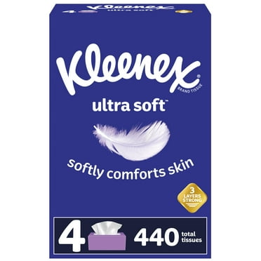 Kleenex Ultra Soft Facial Tissues, 4 Flat Boxes, 110 White Tissues per Box, 3-Ply (440 Total)