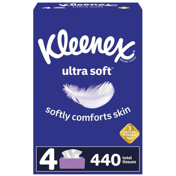 Kleenex Ultra Soft Facial Tissues, 4 Flat Boxes, 110 White Tissues per Box, 3-Ply (440 Total)