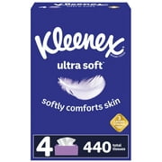 Kleenex Ultra Soft Facial Tissues, 4 Flat Boxes, 110 White Tissues per Box, 3-Ply 440 Total