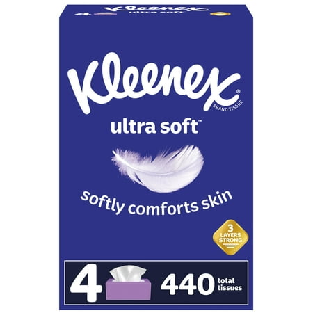 Kleenex Ultra Soft Facial Tissues, 4 Flat Boxes, 110 White Tissues per Box, 3-Ply (440 Total)