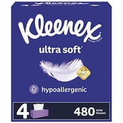 Kleenex Ultra Soft Facial Tissues, Soft Facial Tissue, 4 Flat Boxes, 120 Tissues per Box, 3-Ply 480 Total Tissues