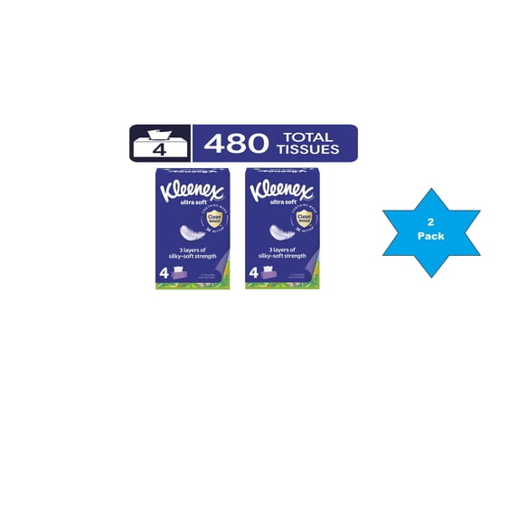 Kleenex Ultra Soft Facial Tissues, 4 Flat Boxes, 120 Tissues per Box, 3-Ply(pack of 2)