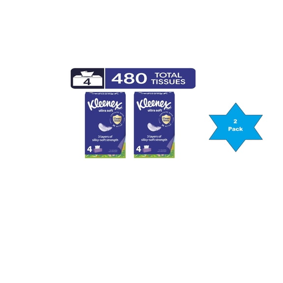 Kleenex Ultra Soft Facial Tissues, 4 Flat Boxes, 120 Tissues per Box, 3-Ply(pack of 2)