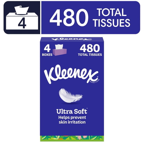 Kleenex Ultra Soft Facial Tissues, 4 Flat Boxes, 120 Tissues per Box, 3-Ply