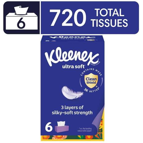 Kleenex Ultra Soft Facial Tissues, 6 Flat Boxes, 120 Tissues per Box, 3-Ply