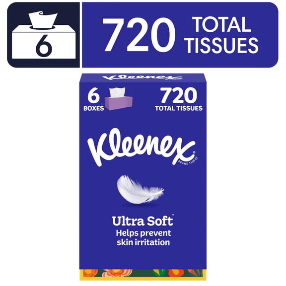 Kleenex Ultra Soft Facial Tissues, 6 Flat Boxes, 120 Tissues per Box, 3-Ply