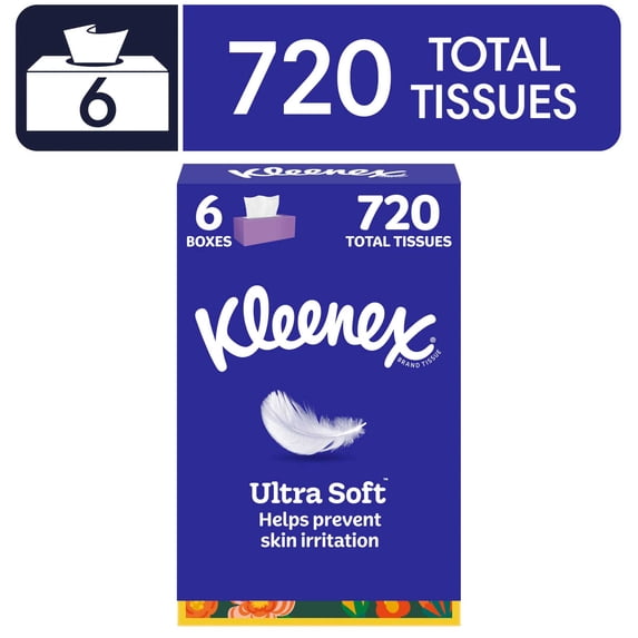 Kleenex Ultra Soft Facial Tissues, 6 Flat Boxes, 120 Tissues per Box, 3-Ply
