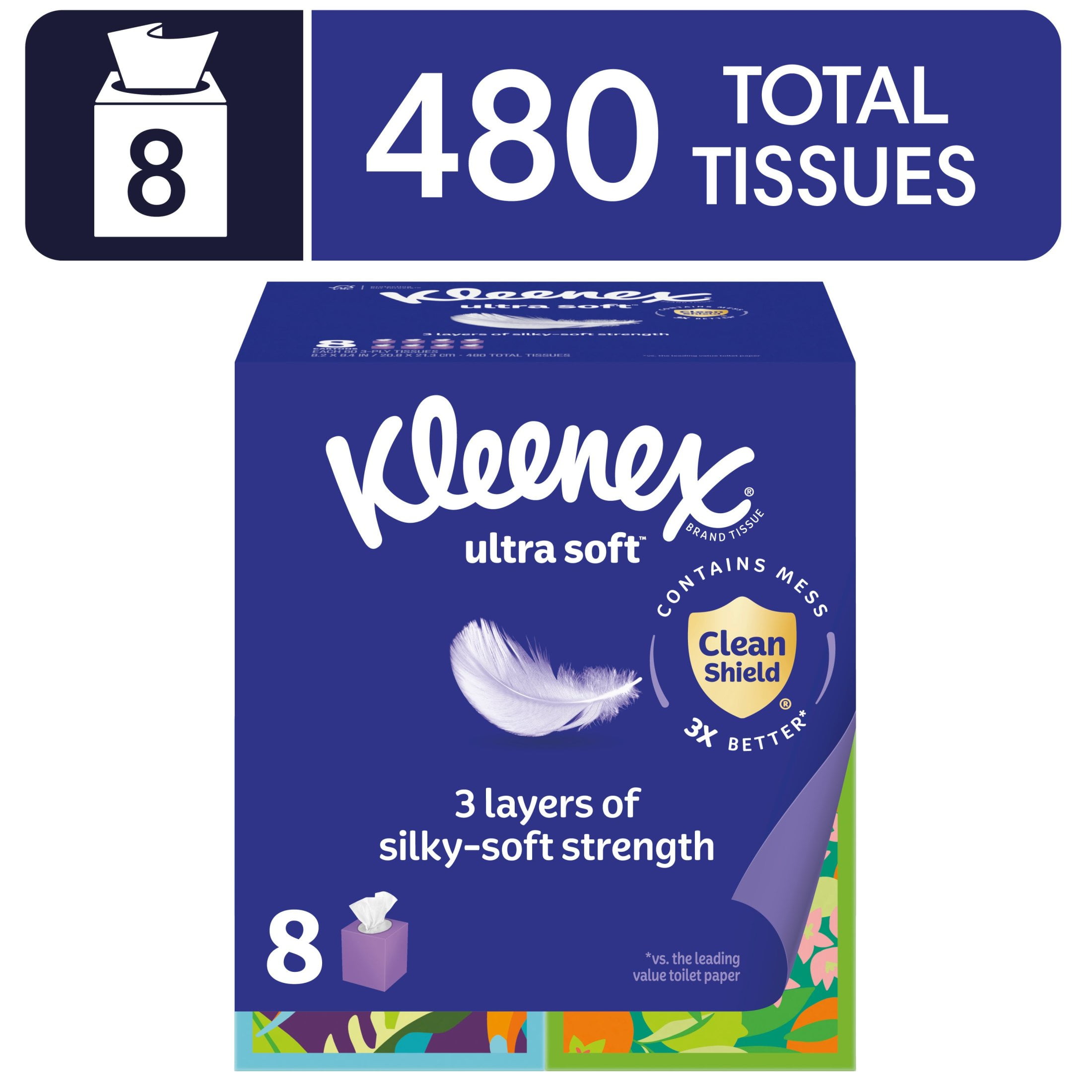 Kleenex Ultra Soft Facial Tissues, 8 Cube Boxes, 60 Tissues per Box, 3-Ply