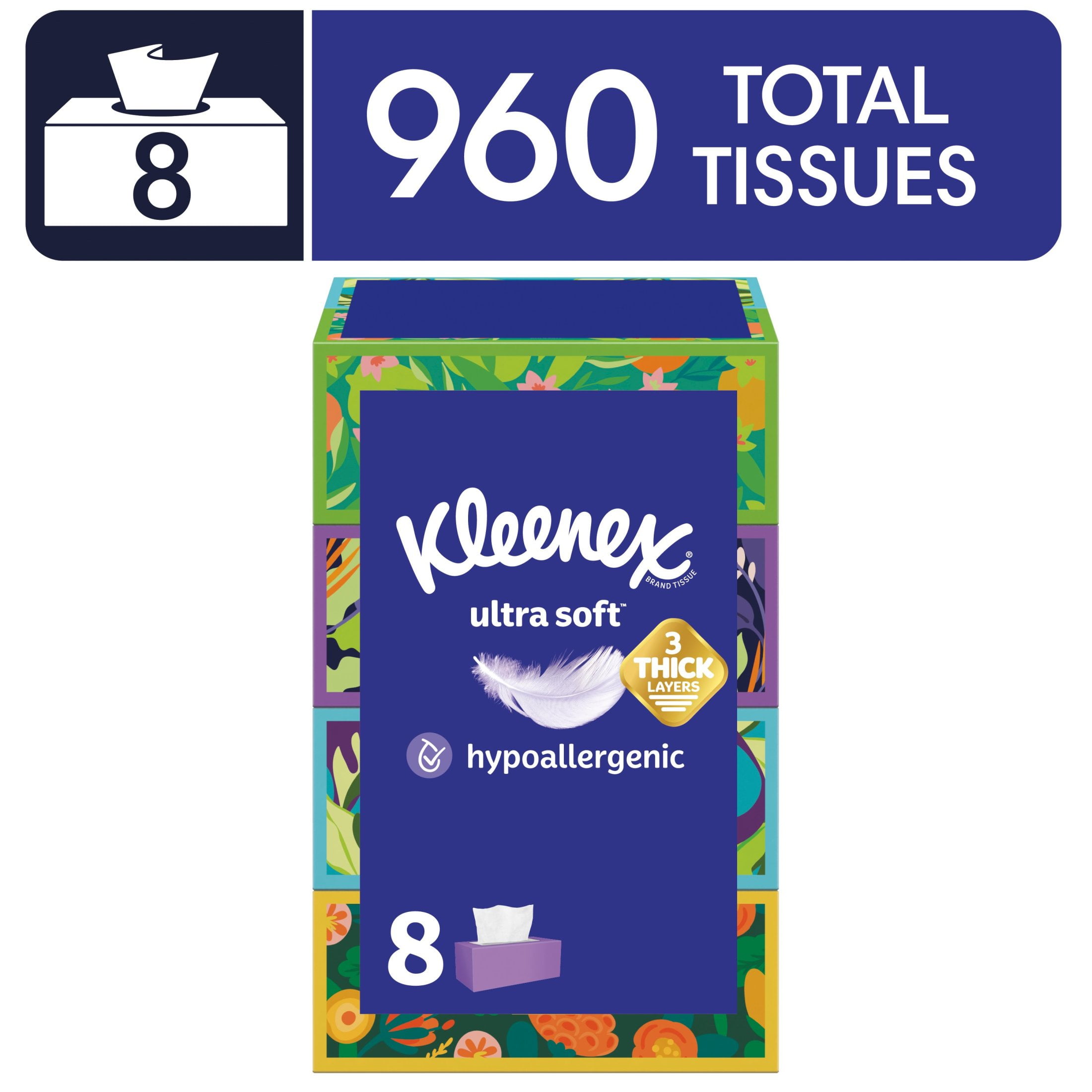 Kleenex Ultra Soft Facial Tissues, 8 Flat Boxes, 120 Tissues per Box, 3-Ply