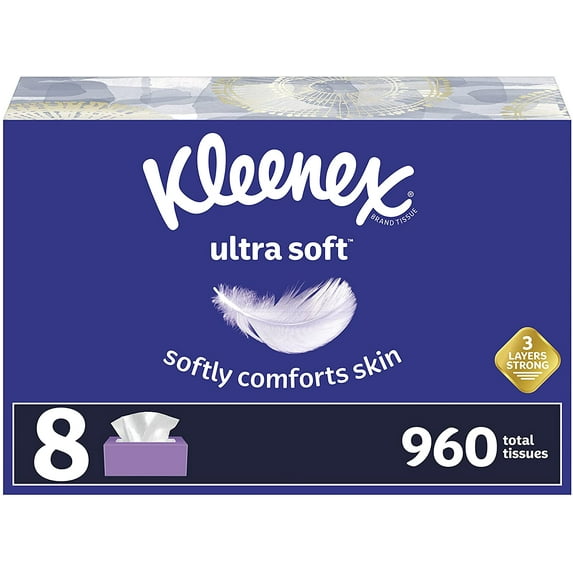 Kleenex Ultra Soft Facial Tissues, 8 Flat Boxes, 120 Tissues per Box (960 Total Tissues)