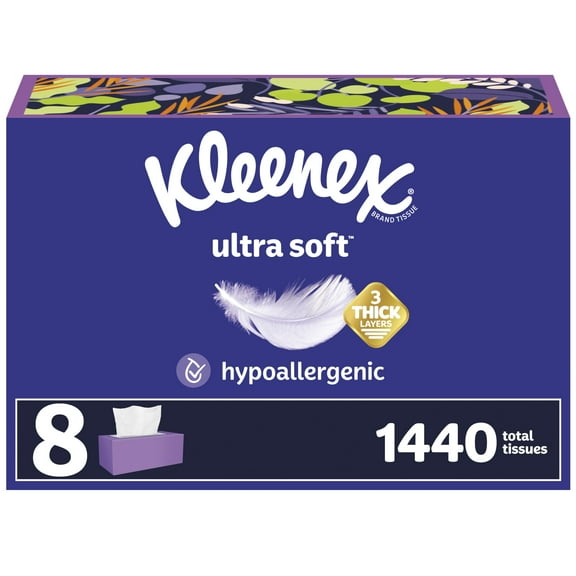 Kleenex Ultra Soft Facial YPF5Tissues, 8 Flat Boxes, 180 Tissues per Box, 3-Ply, Packaging May Vary
