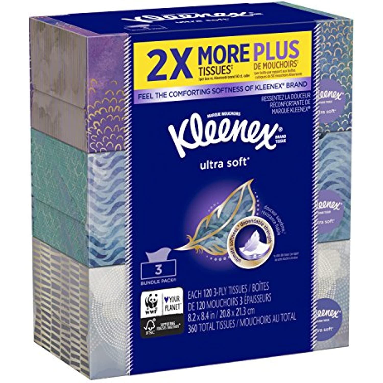 Kleenex Ultra Soft & Strong Facial Tissues, 120 Tissues per Flat Box, 3 Pack