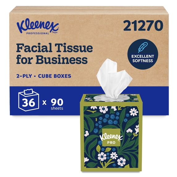 Kleenex Professional Facial Tissue, Bulk (21270), 2-Ply, White, Upright Cube Boxed Format, Designed for Business (90 Tissues/Box, 36 Boxes, 3,240 Sheets/Case)