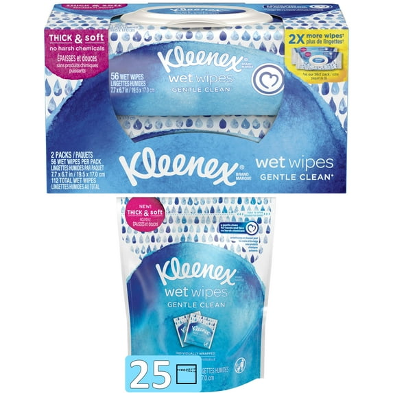 Kleenex Wet Wipes, Gentle Clean for Hands and Face, 2 Flip-top Packs, 112 Total Wipes and 1 Pack, 25 Individually Wrapped Wipes