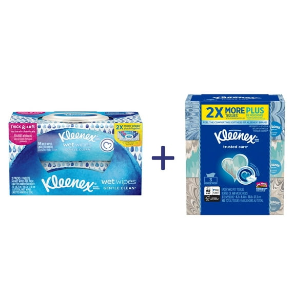 Kleenex Wet Wipes Gentle Clean for Hands and Face; 2 Flip-top Packs, 112 Total Wipes and Kleenex Facial Tissues, 160 sheets each, 3 pack
