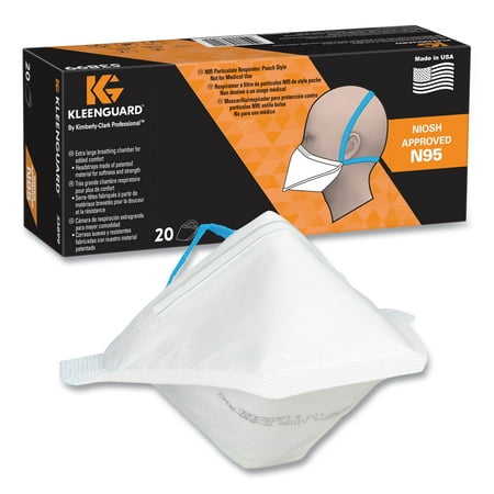 Kleenguard N95 Pouch Respirator Comfortable, Breathable, Adjustable Nose-piece, Lightweight, Foldable, Head Strap, Particle Filtration Efficiency (PFE) - Airborne Particle Protection - White - 20 / Pa