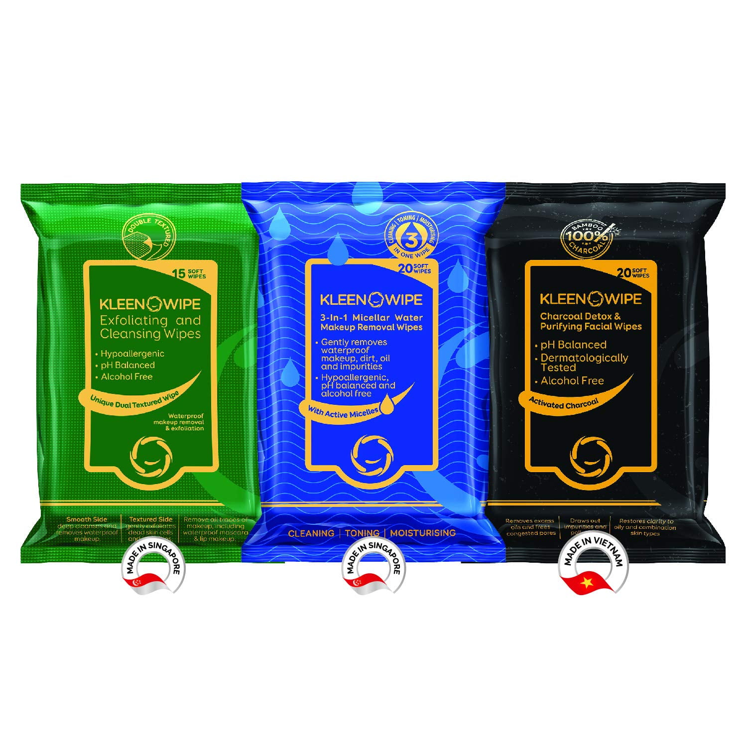 Kleenowipe, Set of 3 Skincare Facial Wipes, Micellar 3 In 1