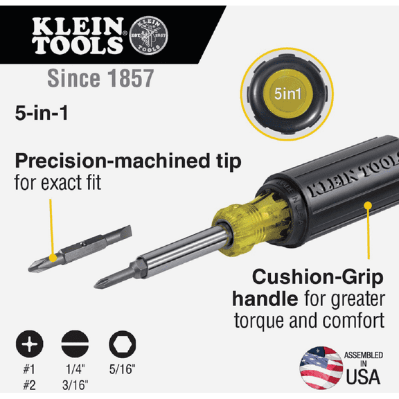 Klein 5-in-1 Multi-Bit Screwdriver - Single Pack Heavy-Duty Construction, Professional Use